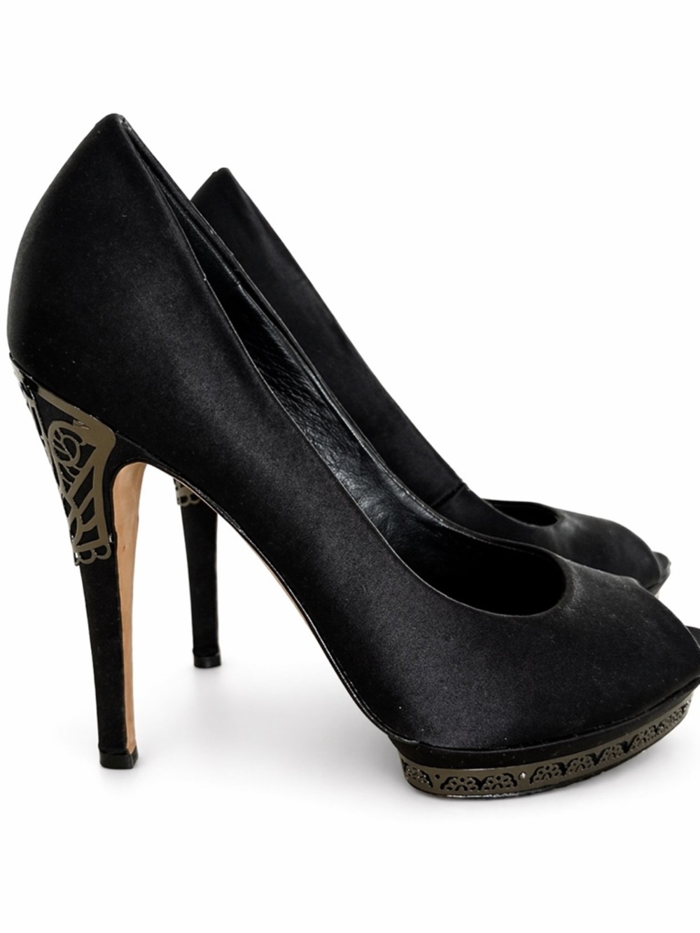 BCBGMaxAzria Black Satin Peep-Toe Pumps with Ornate Metallic Heel